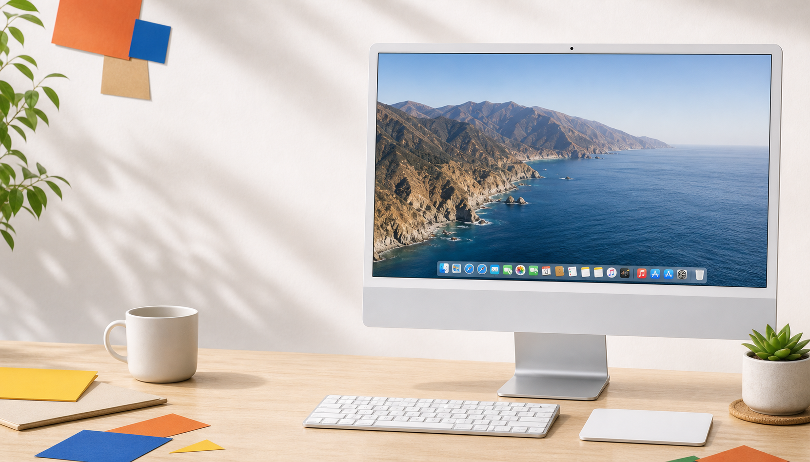 A bright desktop setup with a display ready for Offcut Notes.